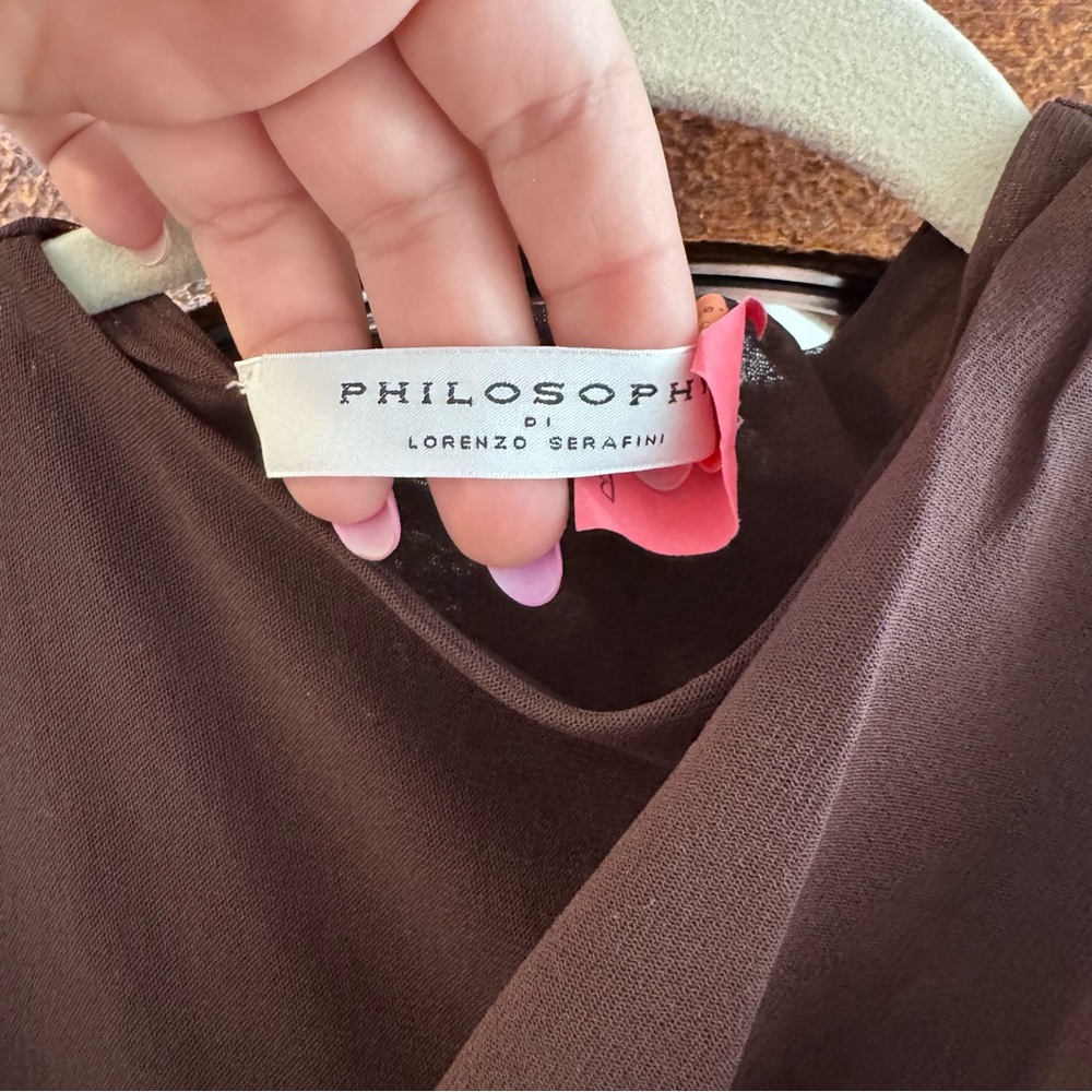 PHILOSOPHY DI LORENZO SERAFINI Draped stretch tulle dress Brown Long Sleeve US2 - Picture 7 of 10